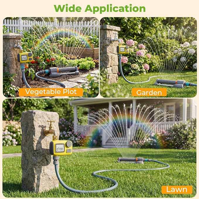 3 in 1 Smart Oscillating Sprinkler System with Timer, 3000 Sq.Ft Lawn Irrigation Kit, 360° Sprinkler, 33FT 5/8" Anti-Kink Hose, Solid Brass Connector for Yard, Lawn, Garden, Raised Bed, Outdoor