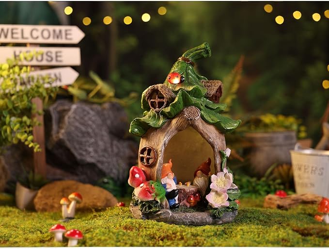 Outdoor Fairy House Garden Statues Accessories with Solar Lights Gnomes Gardening Birthday Gifts for Women Mom Grandma, House Sculpture Figurine Outside Garden Decorations for Yard Patio Porch Decor