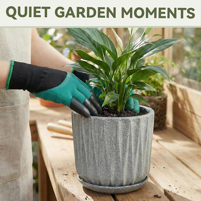 7.5 Inch Ceramic Planter Pot with Saucer Drainage Leak-Proof Mesh,Flower Pots for Indoor Plants with Gardening Gloves,Ceramic Planter(Stone Grey)