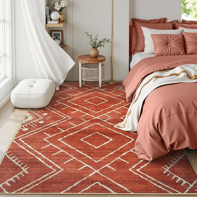 LIVEBOX Western 5x7 Area Rug, Washable Orange Rugs for Living Room Bedroom, Soft Non Slip Moroccan Tribal Rug Geometric Boho Area Rugs Diamond Carpet for Dining Room Home Office Decor (Brick Red)