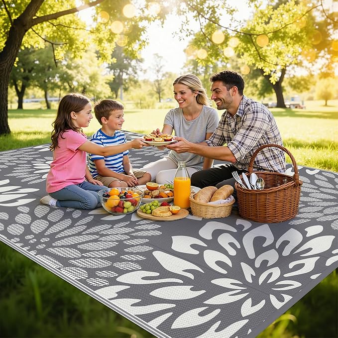 HEBE Waterproof Outdoor Rug 9x12 for Patios, Floral Reversible Plastic Straw Rug Patio Mat, Indoor Outdoor Carpet RV Mat Camping Rug for Deck, Camper, Porch, Balcony, Backyard, Picnic