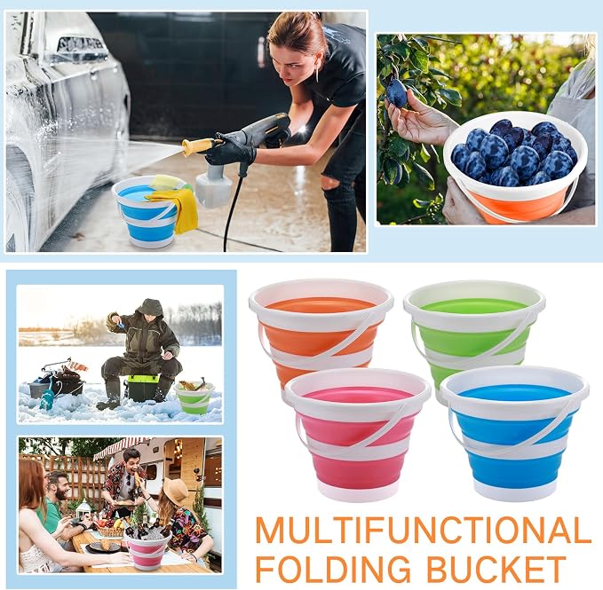 Pickmesh 4 Pcs Collapsible Bucket 2.6 Gallon (10l) Foldable Collapsible Sand Bucket with Handle Small Cleaning Pail for Household Outdoor Car Washing Camping Beach Sand(Blue, Green, Orange, Pink)