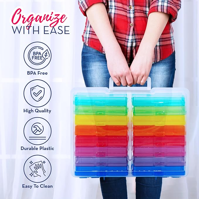 4E's Novelty 16 Pack Clear Multicolor Photo Box for Crafts, Supplies 4x6 Photo Cases & Photobox, Classroom Storage and Organization Box Plastic Transparent for Scrapbooking Container Organizer