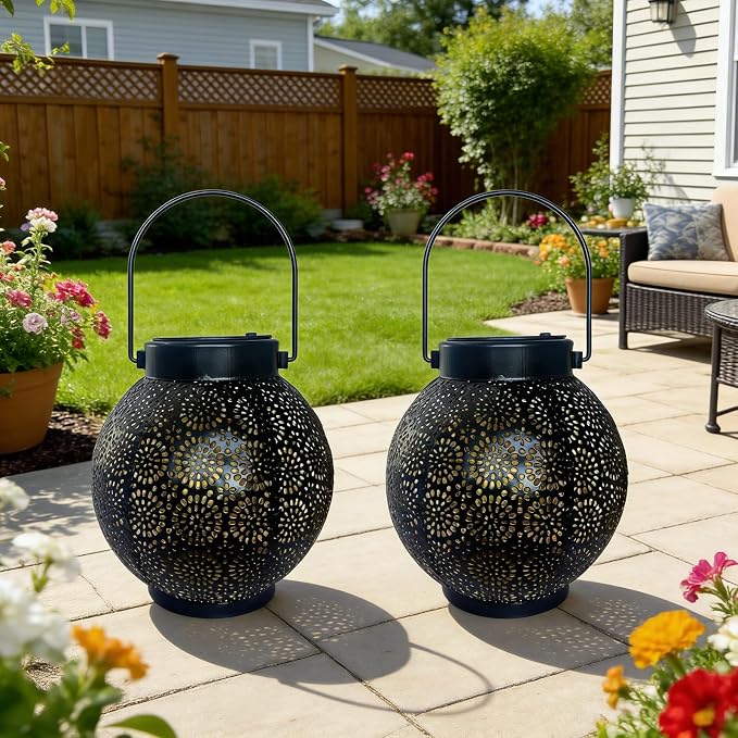 Solar Lanterns Outdoor Hanging 2 Pack, Waterproof Metal Garden Decor Lights, Dusk to Dawn Auto On/Off Solar Powered Lamp for Patio Porch Yard Pathway Tabletop (Classic Black Polka Dot)