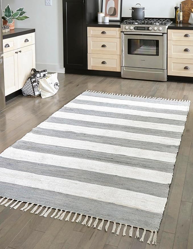 Unique Loom Chindi Rag Collection Area Rug - Striped (3' 1" x 5' 1" Rectangle, Gray/ Ivory)