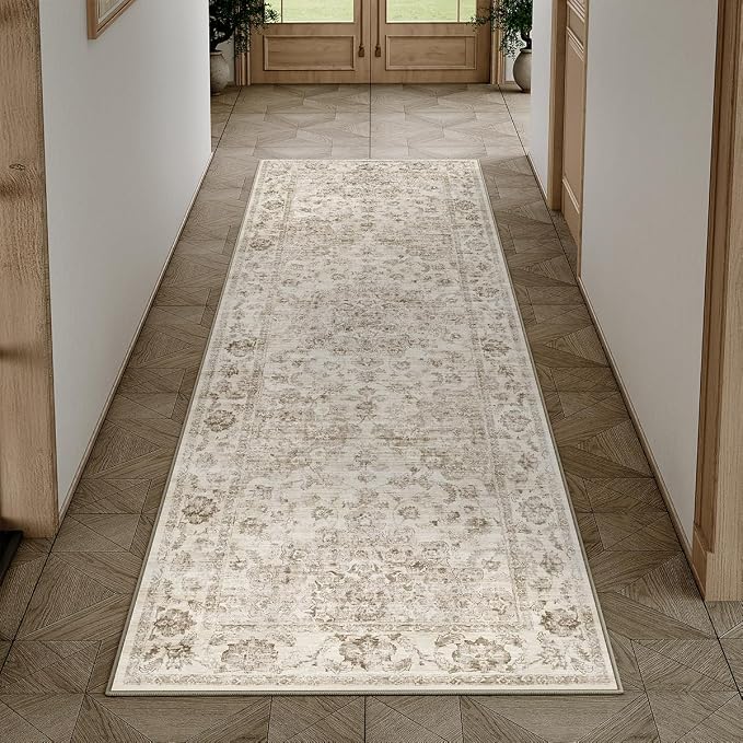 3x8 Beige Neutral Runner Rug | Washable, Non Slip, Soft Low Pile, Vintage Farmhouse, for Hallway Kitchen Laundry Bathroom Bedroom Living Room Home Decor