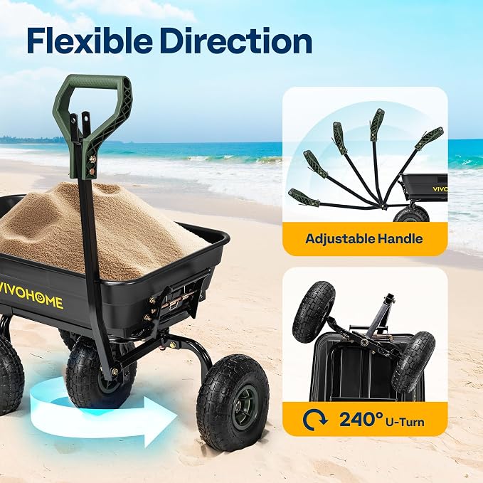 VIVOHOME 660lbs Wheelbarrow Dump Garden Cart with 2-in-1 Convertible Handle | Attach to ATV or Tractor, 10" All Terrain Wheels, Heavy Duty Utility Trailer for Yard