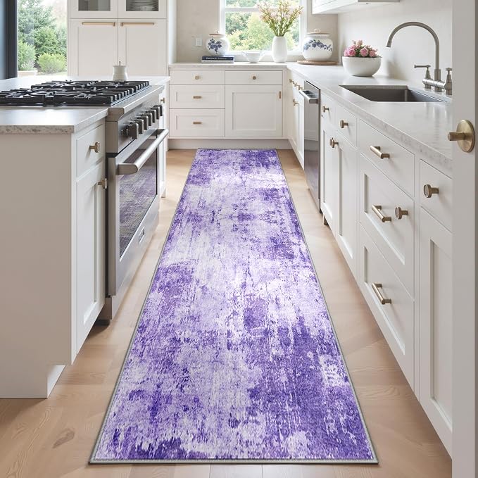 RELEANY Washable Runner 2'x6' Abstract Area Rug for Hallway Purple | Carpet for Kitchen, Entryway, Bathroom, Living Room, Bedroom, Printed Pattern, Non‑Slip, Soft, Stain‑Resistant, Easy to Clean