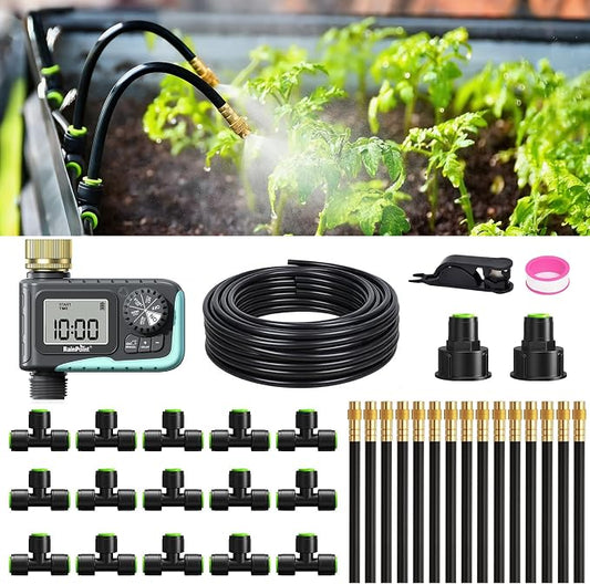 RAINPOINT 50FT Drip Irrigation System with Sprinkler Timer, Automatic Garden Watering Kit with 15pcs 360°Adjustable Copper Nozzles for Greenhouse, Lawn, Raised Beds, Outdoor Plants