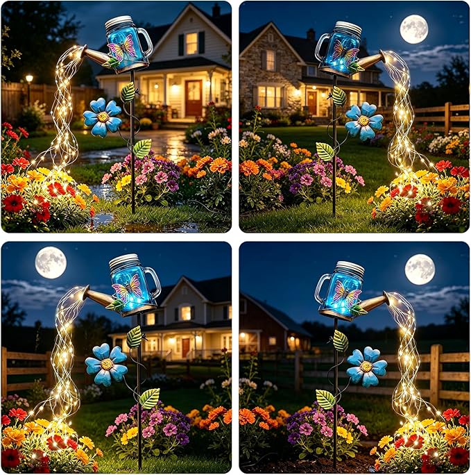 SRNPMIU Solar Watering Can Light, Yard Outdoor Decor Lights, IP65 Waterproof, Hanging Butterfly Garden Light, Outside Garden Flower Bed Decor, Women Gift, Birthday Gifts