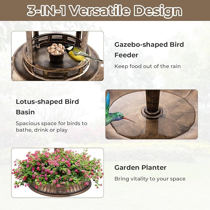 LDAILY Outdoor Bird Bath, 42’’ Solar Lighted Pedestal Birdbaths with Birds Feeder ,20’’ Water Bowl, Flower Planters and 3 Stakes, Attract Birds Antique Bird Bath for Outside Garden, Yard (Bronze, 42‘’)