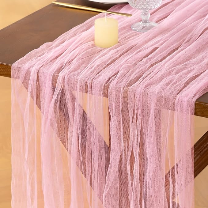 Socomi Pink Cheesecloth Table Runner Tulle Gauze Cheese clothBoho Rustic 120 inch 10FT Runner for Wedding Party Baby Shower Birthday Holiday Decorations 3pcs