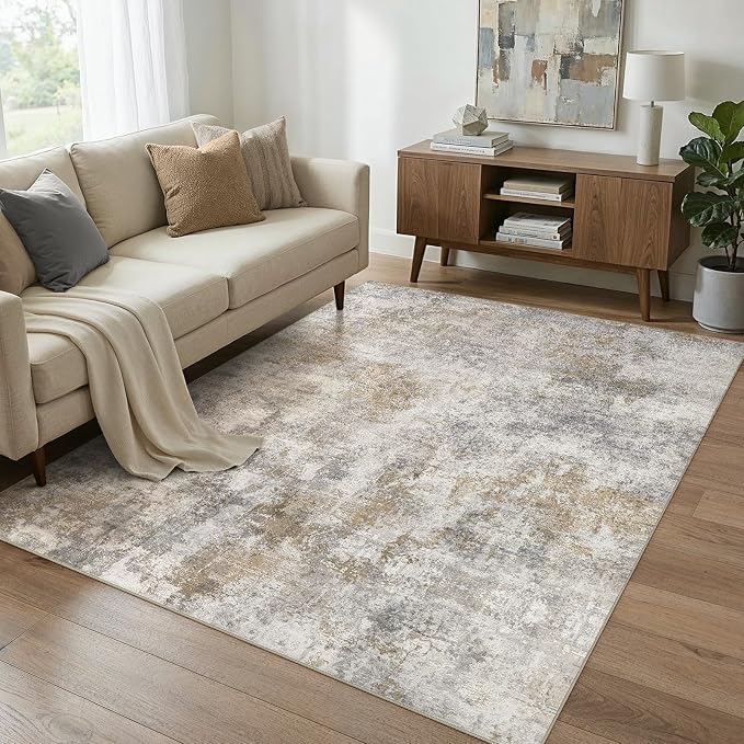 5x7 Area Rug Washable Abstract Rugs for Living Room Light Brown/Grey | for Bedroom, Dining Room, Office, Nursery, Soft Neutral, Low Pile Non-Slip, Kid Pet Friendly, Large Indoor Carpet, Home Decor