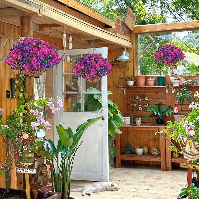 KHOYIME Artificial Hanging Flowers Plants Basket for Outdoors Indoor, 2 Set Faux Silk Purple Fuchsia Morning Glory Fake Eucalyptus Planters UV Resistant Spring Summer for Decor Home Garden Porch Patio