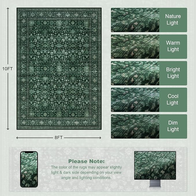 8x10 Area Rugs Living Room: Washable Rug for Bedroom Deep Green | Boho No Slip Stain Resistant Rug Soft Indoor Decor Floor Floral Area Rugs for Dining Room, Nursery, Hallway, Home Office