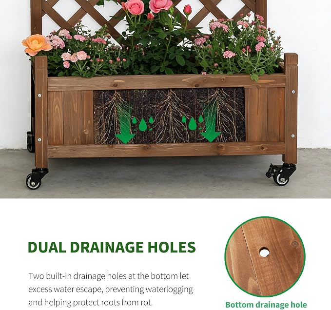 2 Pack Trellis Raised Garden Bed with Wheels, 38" Tall Wooden Planter Box with Trellis, Lattice Privacy Screen with Drainage Holes for Patio Balcony Garden