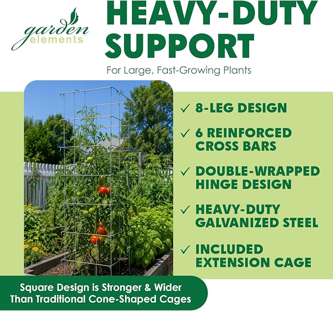 Garden Elements Square Tomato Cage, 67 Inch (Pack of 2) - Heavy Duty Galvanized Steel Plant Support with Adjustable Height and 8-Leg Stability for Climbing Vegetables & Vines