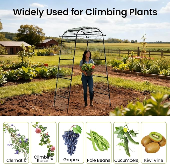 Garden Arch Trellis 83" H x 49" L x 31.5" W Heavy-Duty Plant Support with Nylon Netting & 100 Leaf Ties – Reusable Climbing Trellis for Tomatoes, Cucumbers, Beans & Flowers (Large)