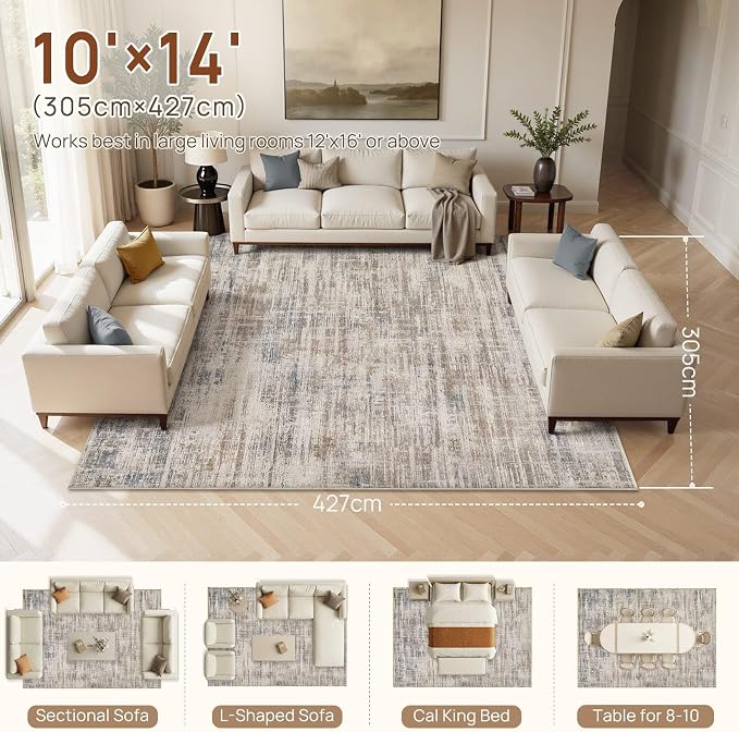 UERMEI 10x14 Area Rug for Living Room Washable Abstract Brown Carpet | Low Pile Non-Slip Soft Neutral Modern Kid Pet Friendly Large Rugs For Bedroom Dining Room Nursery Office Indoor Decor