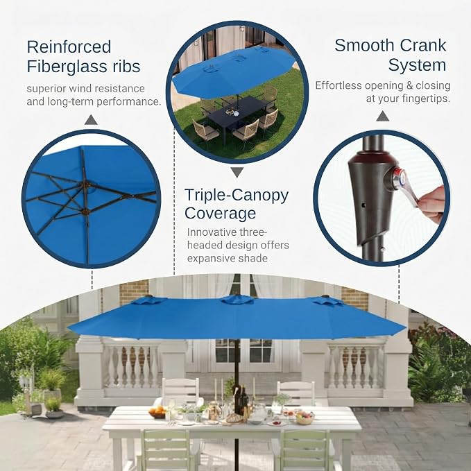 15FT Large Patio Umbrella with Base Included, Double Sided Outdoor Market Umbrella with Flexible Fiberglass Ribs, UV-Blocking Extra Large Umbrella for Garden, Pool, Deck, Royal Blue
