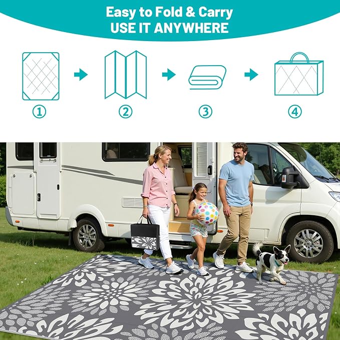 HEBE Waterproof Outdoor Rug 8x10 for Patios, Floral Reversible Plastic Straw Rug Patio Mat, Indoor Outdoor Carpet RV Mat Camping Rug for Deck, Camper, Porch, Balcony, Backyard, Picnic