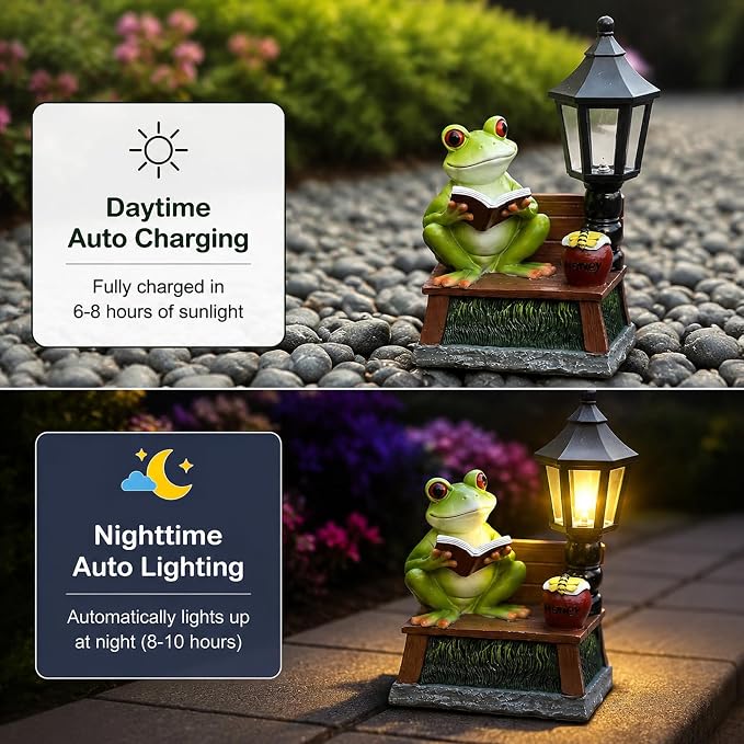 Frog Garden Statue Home Outdoor Decor - Solar Frogs Learning Sculptures Auto LED Waterproof Lights, Garden Outside Figurine Ornament, Women/Gardening/Housewarming Gift for Yard/Pond