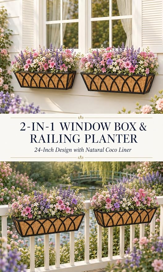 Y&M 4pcs 24 Inch Planter, Metal Window Boxes with Coco Liner, Indoor Outdoor Hanging Flower Planter for Garden, Lawn, Balcony, Porch, Fence, Patio Rail