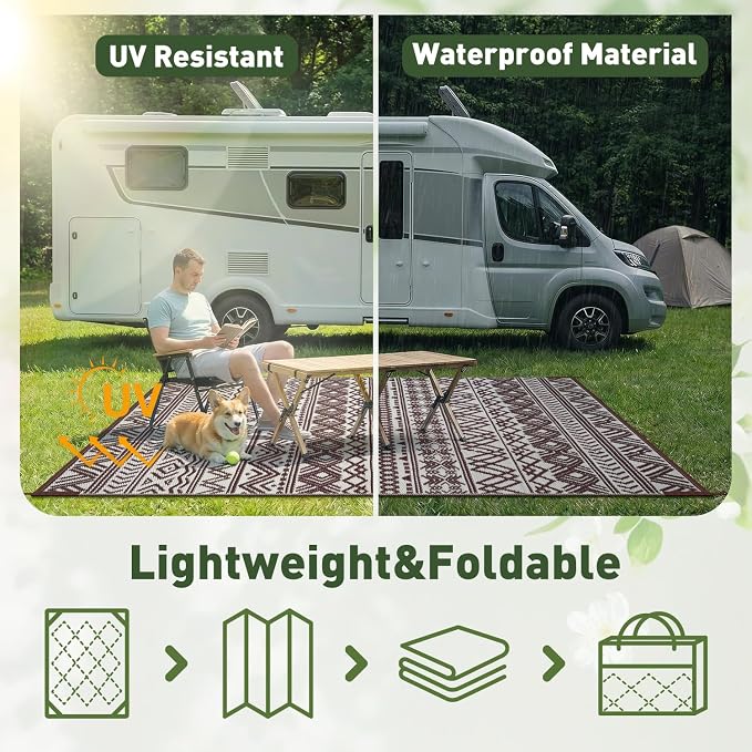MontVoo-Outdoor Rug Carpet Waterproof 6x9 ft Reversible Patio Rug RV Camping Rug-Plastic Straw Rug Outside Indoor Outdoor Area Rug for Patio Deck Balcony Picnic Beach Outdoor Decor Boho Beige Brown