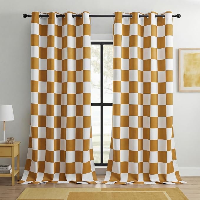 100% Blackout Checkered Curtains – 2 Panels, Each W52×L84, Thermal Insulated, Nosie Reducing for Bedroom, Modern Mustard and White Checkerboard Design