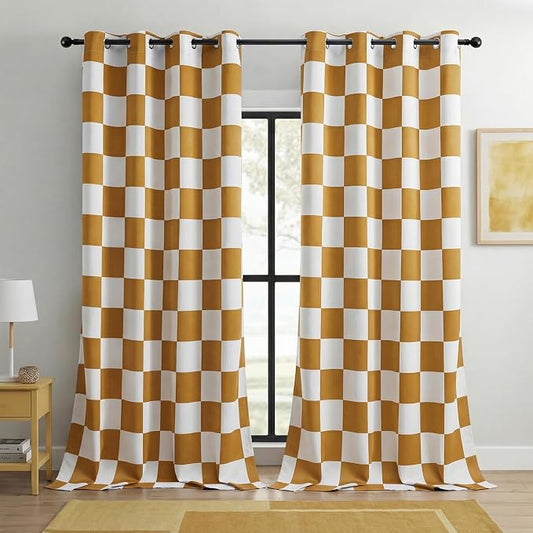 100% Blackout Checkered Curtains – 2 Panels, Each W52×L84, Thermal Insulated, Nosie Reducing for Bedroom, Modern Mustard and White Checkerboard Design