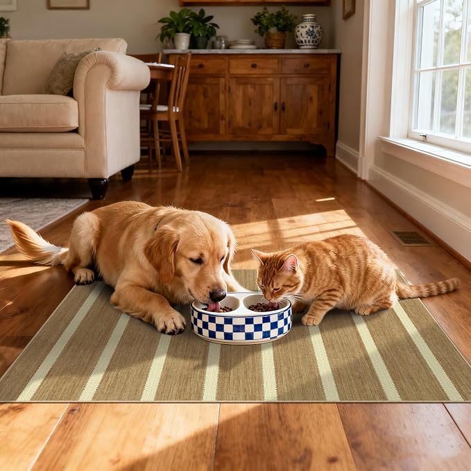 Indoor Front Door Mat, 2x3 Cottage Tan Beige Striped Front Door Rug | Non-Slip Washable Doormat Indoor Outdoor Entrance Small Rugs for Entryway Bedroom Kitchen Mat for Floor Front Porch Decor