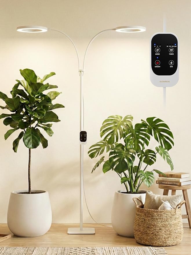 GLOWRIUM 48W LED Dual-Head Grow Light for Indoor Plants, 23.5-71" Adjustable Height, 3-Growing Full Spectrum for Tall Plant Light, 3/9/12/16H Timer, 6-Level Dimming, Ideal for Large Tall Plants