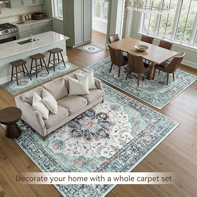 RELEANY Washable Area Rug, 8'x10', Teal Green/White/Navy | Non-Slip, Water Repellent, Pet Friendly, Easy to Clean, Vintage Floral Boho Decor for Living Room Bedroom Dining Room