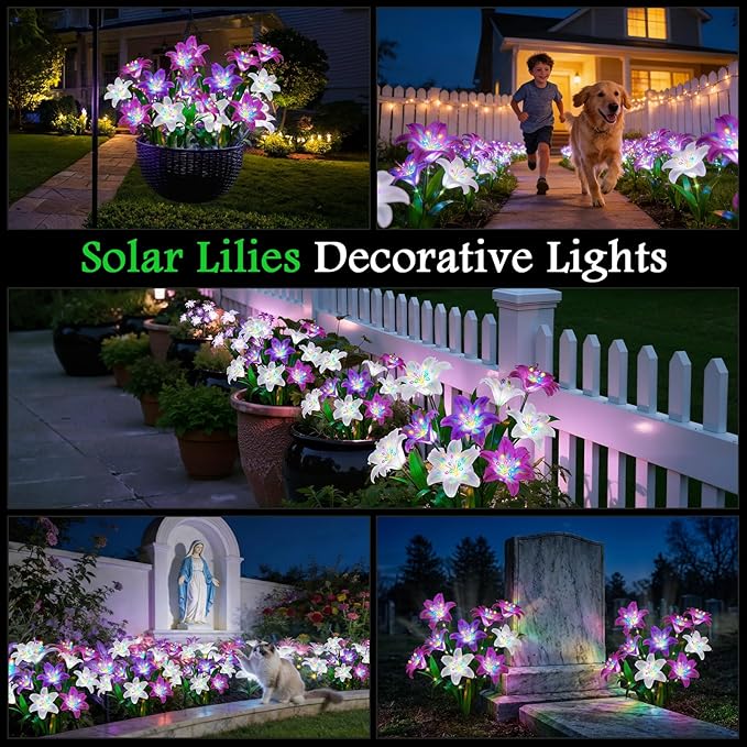 Upgrade Solar Lights Outdoor Garden Decor: 2 Pack Solar Lily Flowers, 10 Colored Blooming Lilies with Glowing Stems, Waterproof Decorative Light for Yard Patio Flower Bed, Gifts for Women
