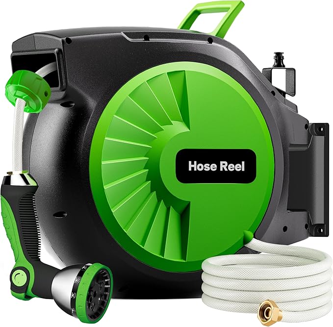 Retractable Garden Hose Reel 66FT x 1/2 in, Wall Mount Water Hose Reel for Outside with Auto Rewind, Tangle-Free Guide, 180° Swivel Bracket, Lock at Any Length, High-Pressure Flow, 10-Pattern Nozzle