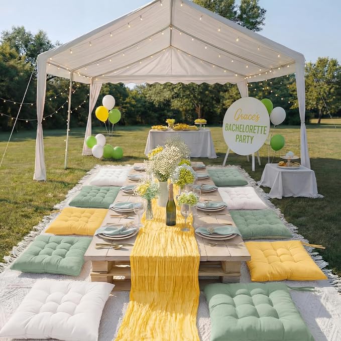 Extra Large Outdoor Picnic Blanket with Table Runner and Floor Pillow Cushion for Picnic Wedding Birthday Baby Shower Backyard Decor(91 x 71'',Light Beige,Yellow,Green,8 Pcs)
