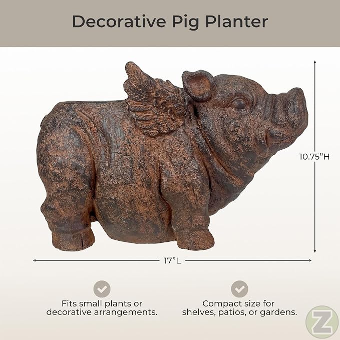 Zeckos Whimsical Flying Pig Planter with Drain Hole – 17 Inch Brown Magnesium Oxide Animal Planter for Succulents, Flowers, Indoor Outdoor Rustic Farmhouse Decor – Weather-Resistant Pig Garden Pot