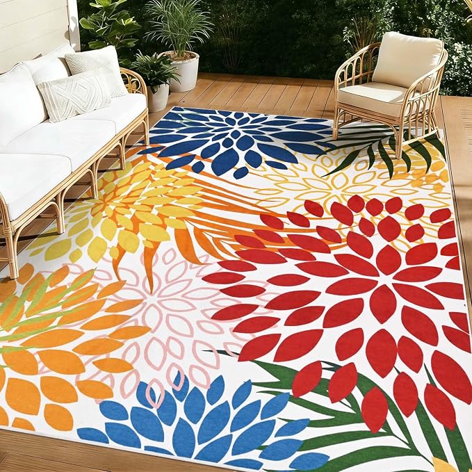 Yinhua Dahlia Floral Outdoor Rug 8x10 Colorful Indoor Outdoor Rugs Washable Patio Rug Non Slip Large Flower Area Rug Low Pile Outdoor Carpet for Patio, Deck, Porch, Balcony, Camping, Red and Blue