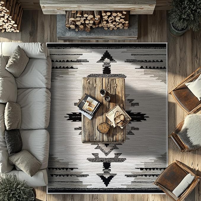 Western Area Rug Southwestern Aztec Navajo Washable 8x10 Rugs for Living Room Bedroom Southwest Tribal Gray Beige Non-Slip Soft Floor Large Carpet for Office Entryway Bathroom