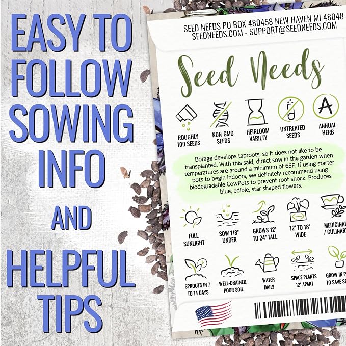 Seed Needs Borage Seeds to Plant Heirloom Blue Edible Flowers 5 Packs