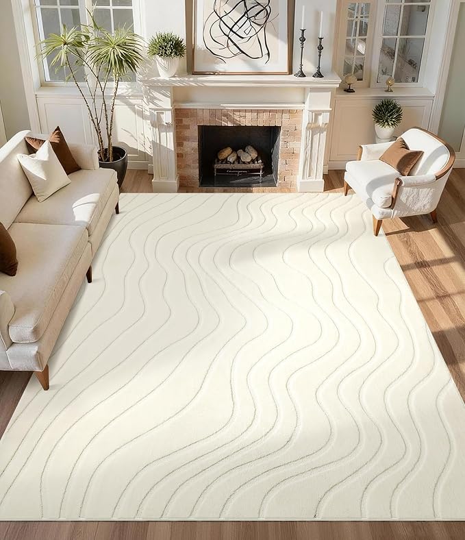 5x7 Abstract Wave Striped Area Rug, Modern Washable High-Low Pile Rug, Soft Textured Carpet for Living Room, Bedroom,Dining Room, Beige Ivory White