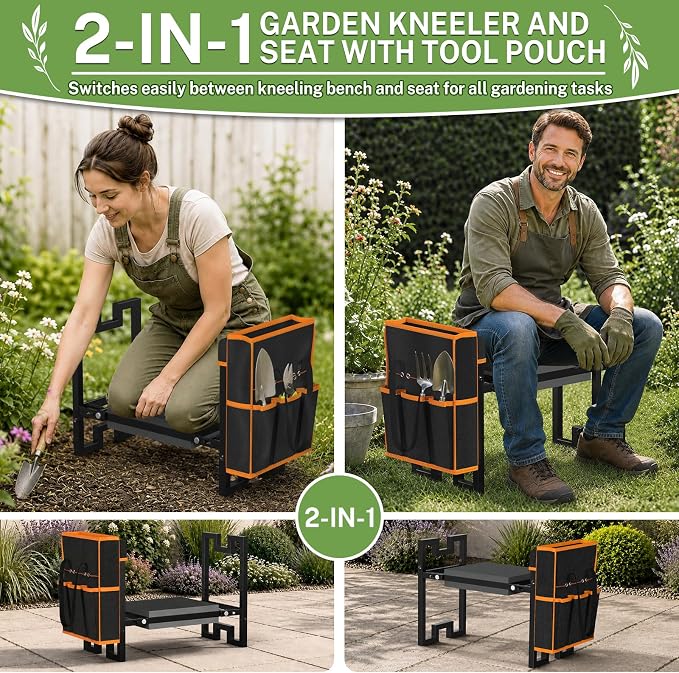 Qatsrin Portable Foldable Garden Kneeler and Seat, Heavy Duty Garden Bench Chair with Wider Thicker Soft Kneeling Pad, Gardening Stool with Tool Bag, Gardening Gifts for Women Seniors Parents, Black