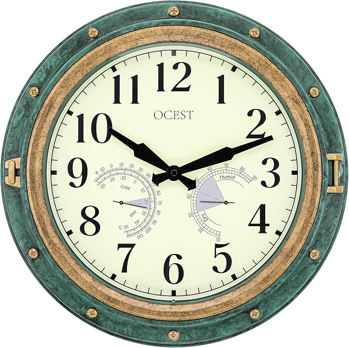 OCEST 16 Inch Indoor Outdoor Clock, Waterproof Wall Clock with Thermometer Hygrometer, Silent Non-Ticking Battery Operated Decor for Home Decor, Patio(Retro Green)