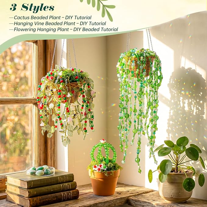 Ecoofor Green Beads Beaded Plant Kit, Makes 3 Plant Pots, Glass & Crystal Leaf Pieces, Video Tutorials Included, Handmade Gift for Plant Lovers, Beaded Plant Kit