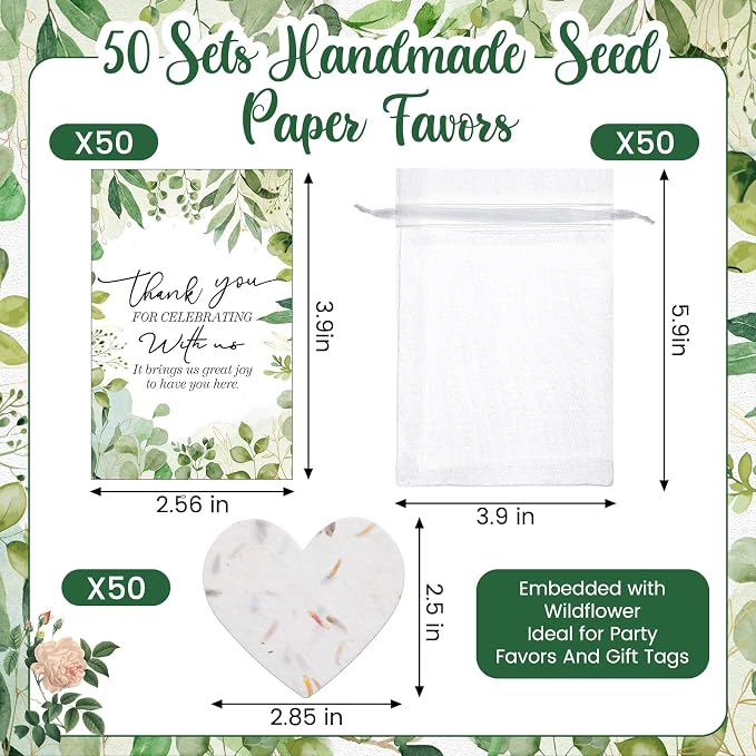 Dunzoom 50 Sets Wedding Gifts for Guests Heart Shaped Seed Paper Handmade Flower Petals Tags Plantable Wildflower Seed Paper Recycled Thank You Cards and Organza Bags for Bridal Shower Party Favors