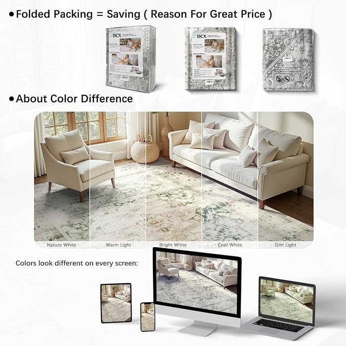 DCX Washable 8x10 Green Rug Stain Resistant Distressed Vintage Rug | Kid & Pet Friendly with Rubber Back Non Slip Soft Low Pile Large Carpet for Living Room, Bedroom, Home Office