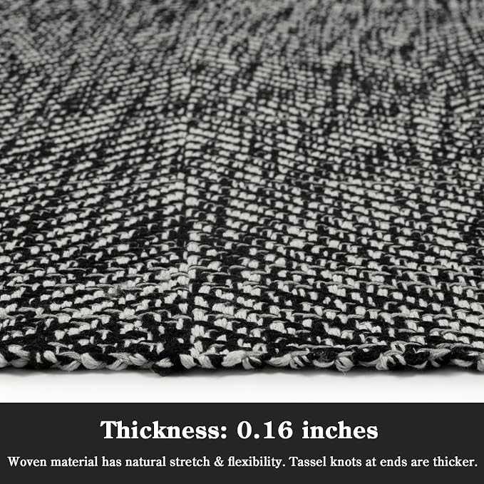 2' x 4.3' Kitchen Runner Rugs, Modern Boho Washable Bathroom Mat | Hand-Woven Farmhouse Entryway Rug, Braided Soft Bedroom Mat, Black Reversible Front Door Mats for Laundry Bedside Porch
