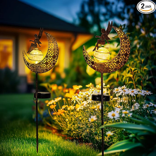 Fairy Garden Solar Lights Outdoor Decor, Moon Garden Stakes, Waterproof Outdoor Metal Decorations Gifts for Women and Mom, Art Moon Sculpture for Walkway, Yard, Patio, Garden and Porch, 2 Pack