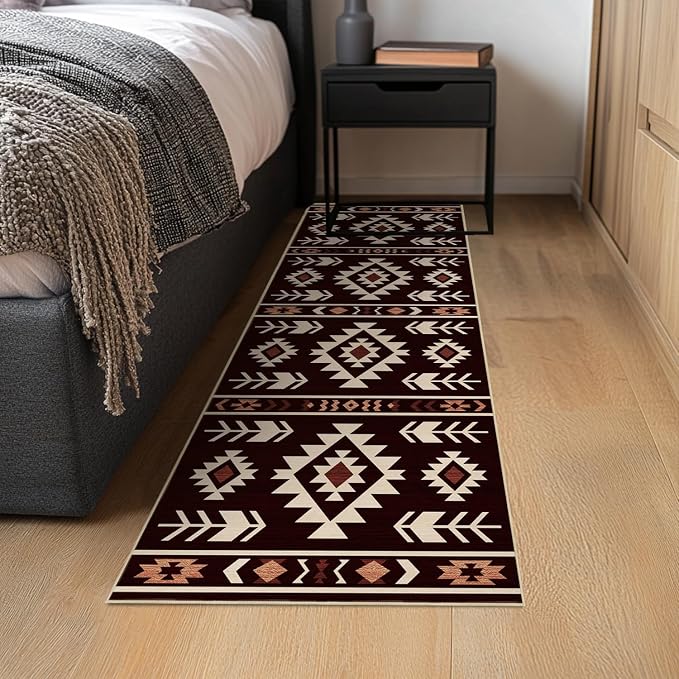 Western Runner Rug 2x6 for Hallway Kitchen Bedroom, Southwestern Aztec Tribal Runner Rugs Southwest Navajo Machine Washable Rug Non-Slip Printed Low-Pile Floor Carpet Mat for Living Room, Red Brown