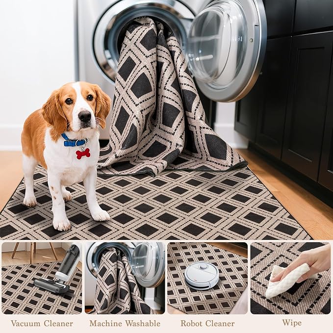LBRO2M Machine Washable Rug Soft Pet Friendly Carpet 9X12 Black | Checkered Rug 9X12 for Living Room, Bedroom, Dining Room, Home Office, Non Slip Carpet, Foldable Stain Resistant Rugs